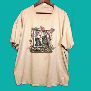 Vintage Cat T Shirt Thrashed Destroyed Beige 2 Cats in a Window Flowers 3XL